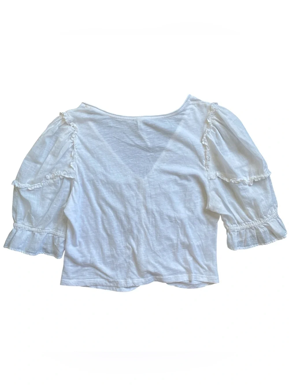 Anthropologie White Ruched V-Neck Puff Sleeve Cotton Blouse Top Size L